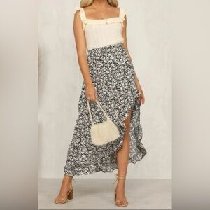 Boho Floral Print‎ Midi Skirt Casual Side Slit Skirt